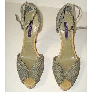 New Womens Ralph Lauren Collection Purple Label Raffia Heels 10.5 Italy Blue Tan